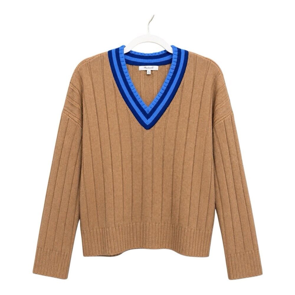 Madewell Varsity V Neck Ribbed Wool Blend Sweater Camel Blue Women M FA23 - Picture 2 of 8